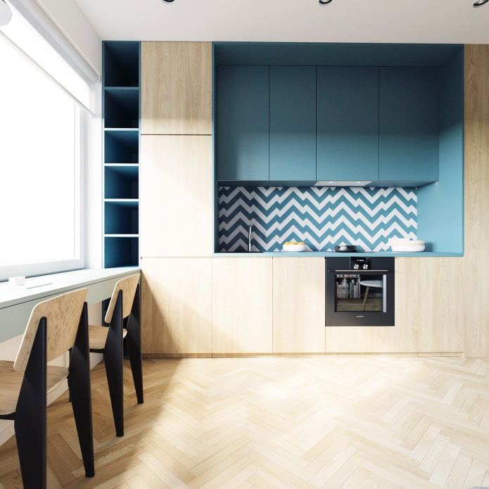 kök i en studiolägenhet på 40 kvadratmeter. m. i turkosa färger