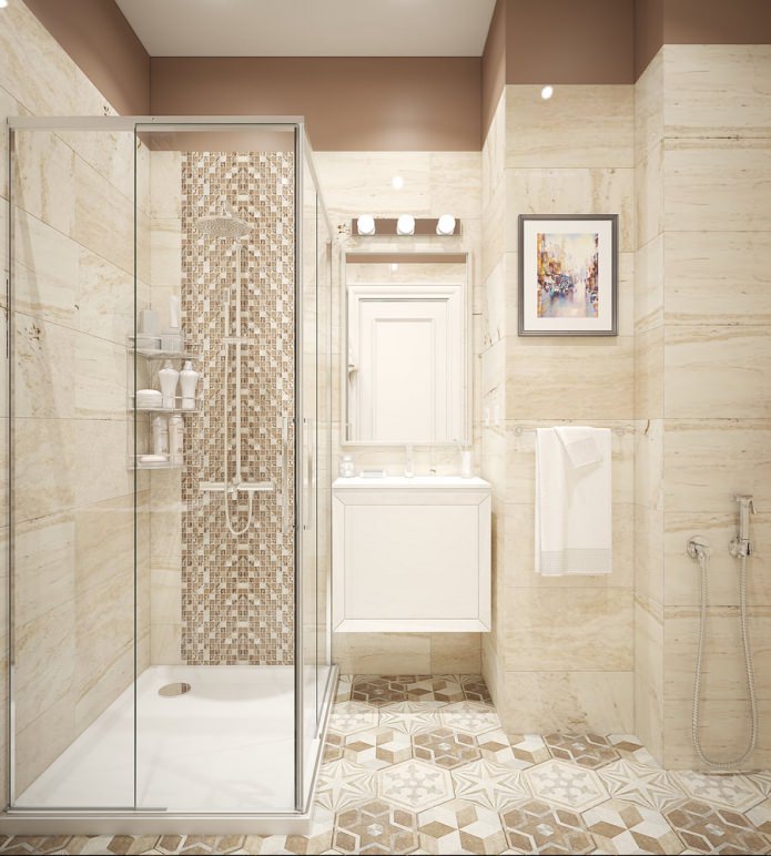 salle de bain avec douche beige