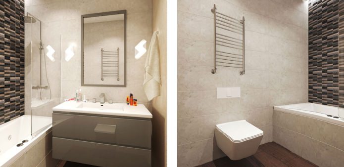 vannas istaba dzīvokļa dizainā ir 58 kvadrātmetri. m