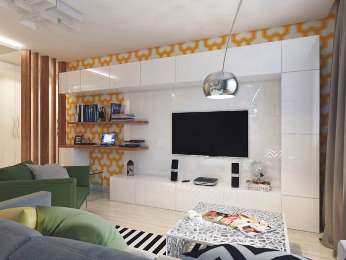Sala de estar en el diseño del apartamento es de 58 metros cuadrados. m