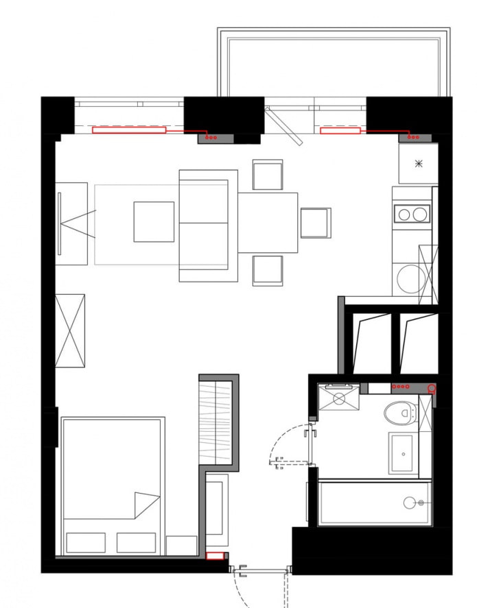 Studijos tipo buto išdėstymas 33 kvadratiniai metrai. m