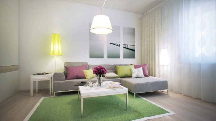 dzīvojamā istaba studijas tipa dzīvokļa projektēšanā 40 kvadrātmetru platībā. m