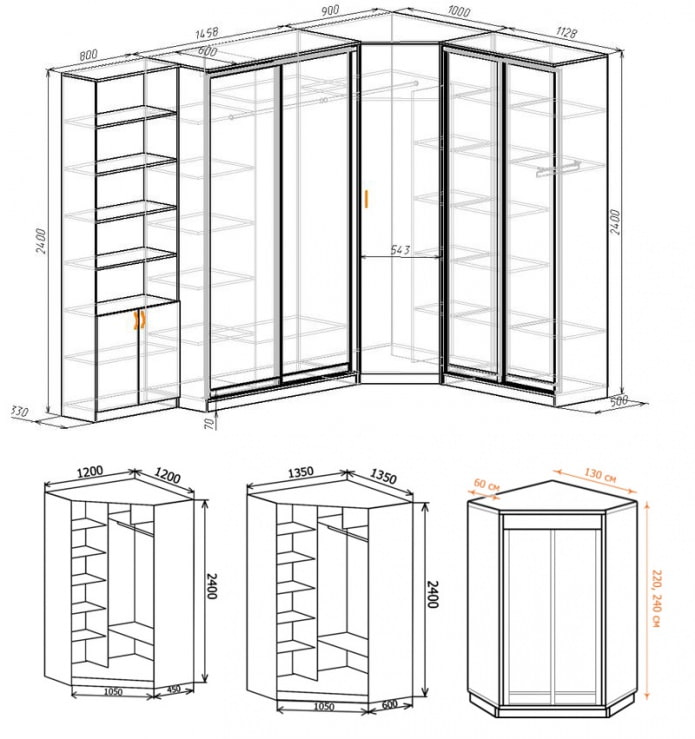 Exemples de diagrammes d'armoires d'angle avec dimensions