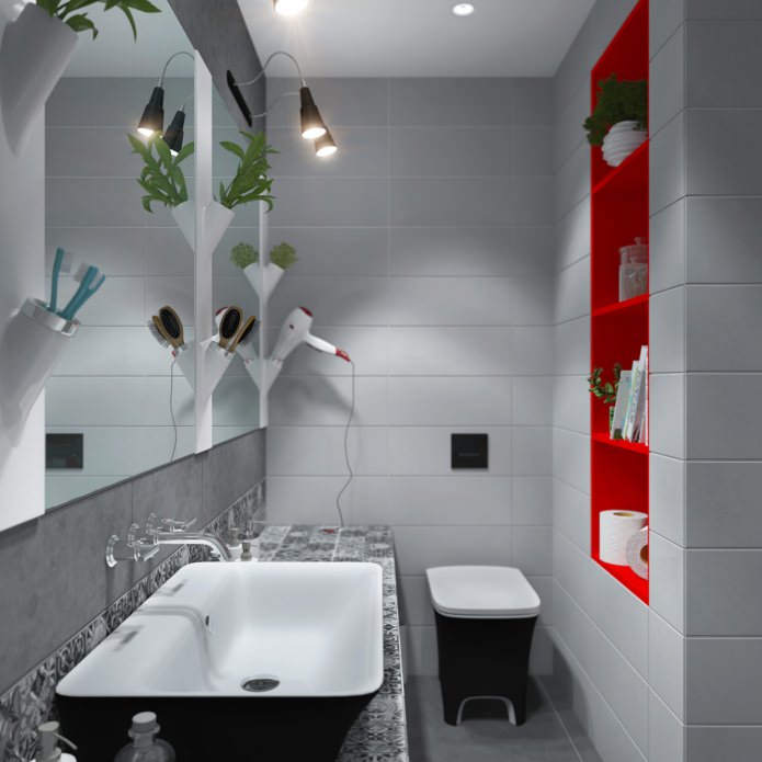 Το εσωτερικό του μπάνιου στο διαμέρισμα είναι 65 τετραγωνικά μέτρα. m