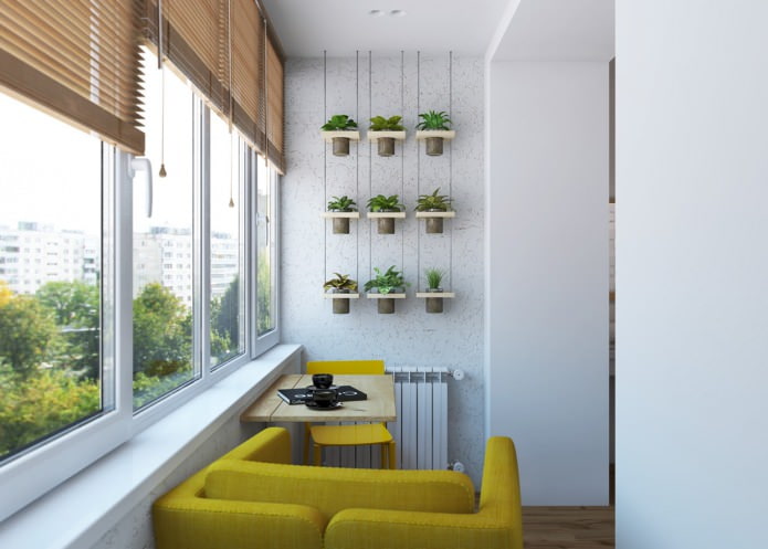 Varanda combinada com um quarto em um projeto de apartamento de 65 metros quadrados. m