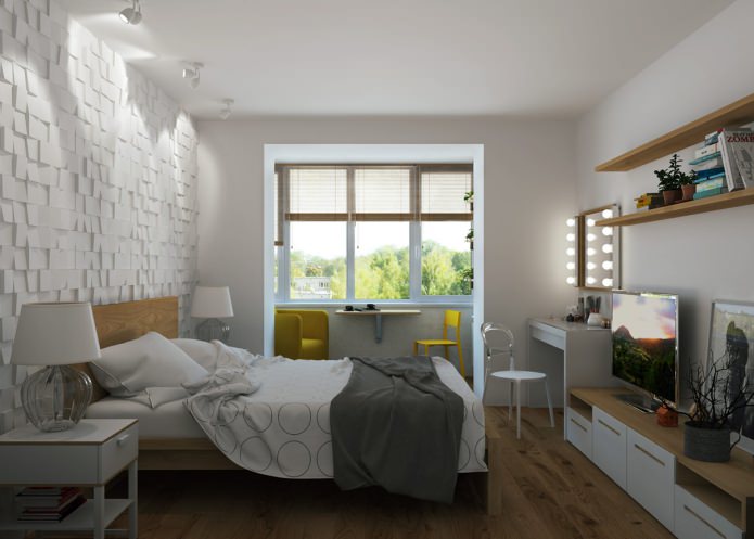 La camera da letto nel progetto dell'appartamento è di 65 metri quadrati. m.