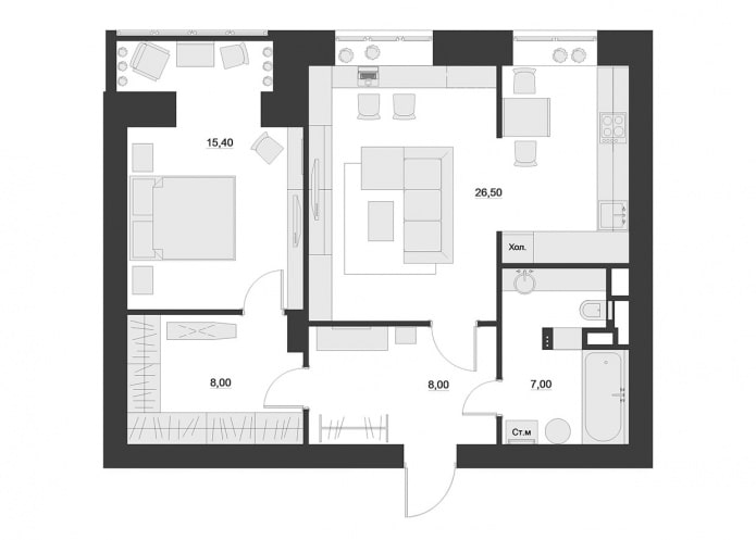 Tata letak apartmen adalah 65 meter persegi. m