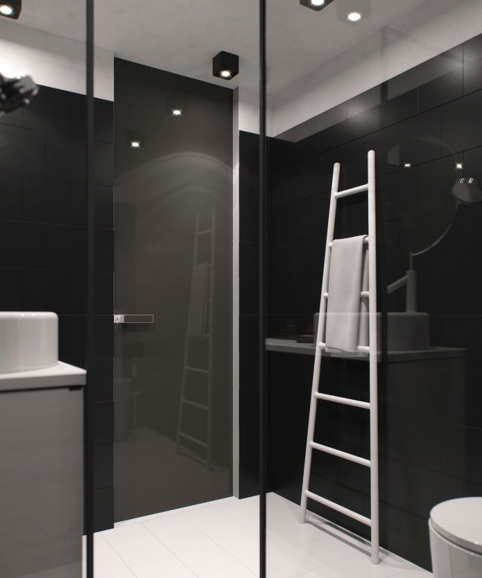 vannas istabas dizains studijas tipa dzīvoklī ar augstiem griestiem