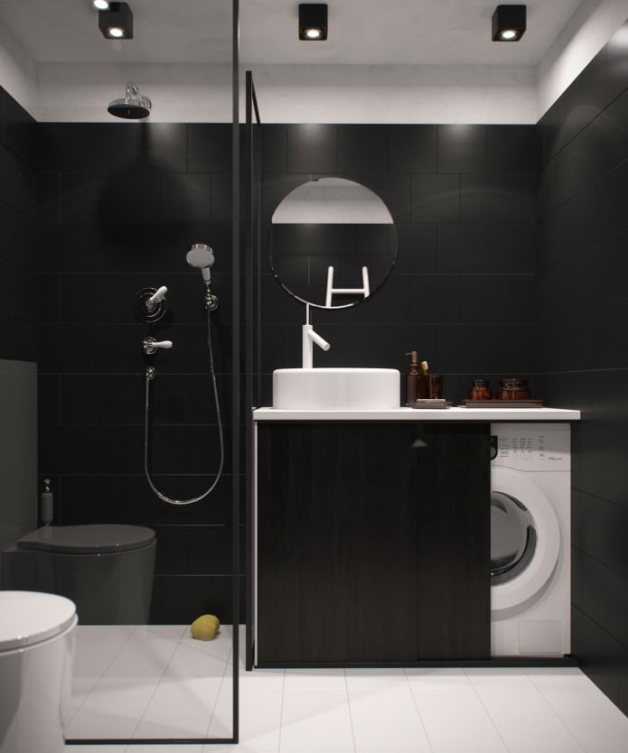 bathroom design in a studio apartment with high ceilings