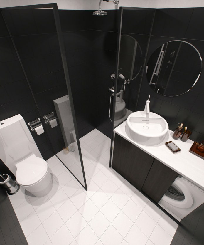 design de salle de bain dans un studio avec de hauts plafonds