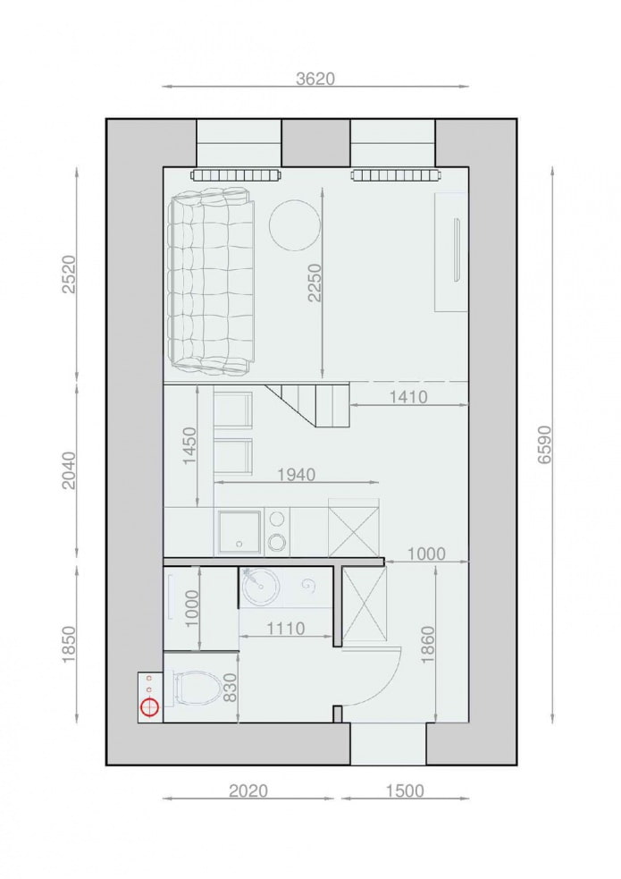 Layout af et to-etagers studio med højt til loftet