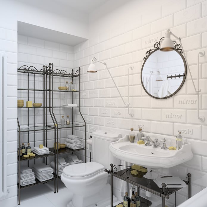 baltas vonios kambarys su plytomis