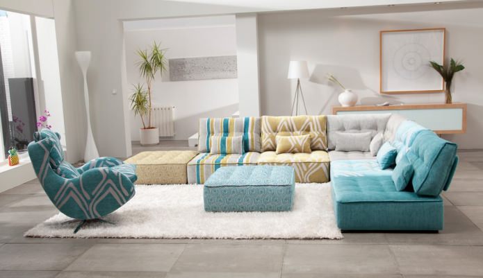 Corner sofa for the living room from different blocks