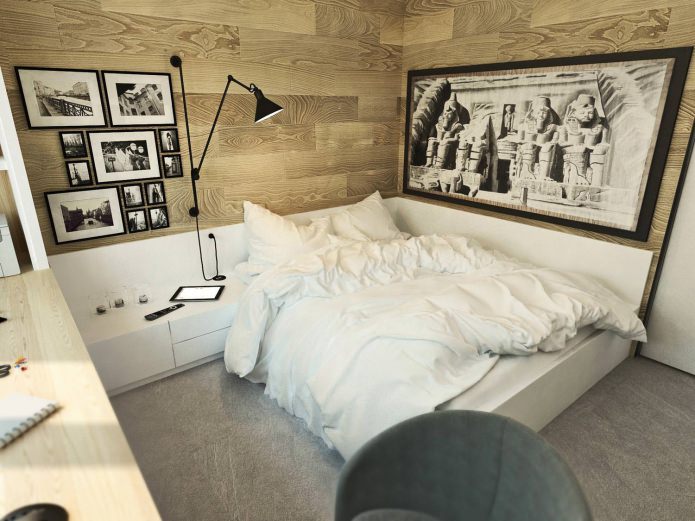 camera da letto nel progetto di design di un appartamento di 3 locali