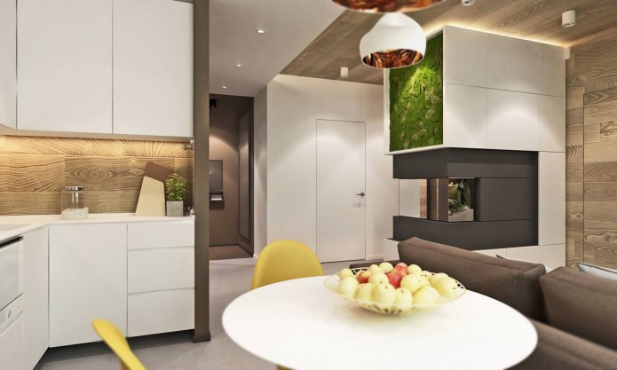 cucina-soggiorno nel progetto di design di un appartamento di 3 locali