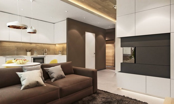 køkken-stue i designprojektet for en 3-værelses lejlighed