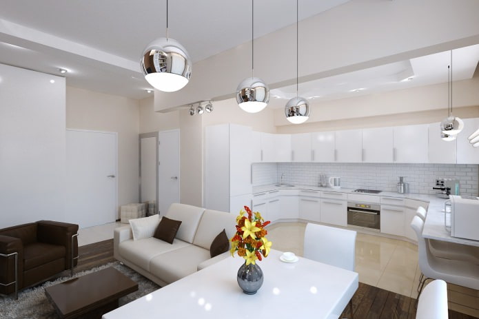 кухня-хол в дизайнерския проект на двустаен апартамент