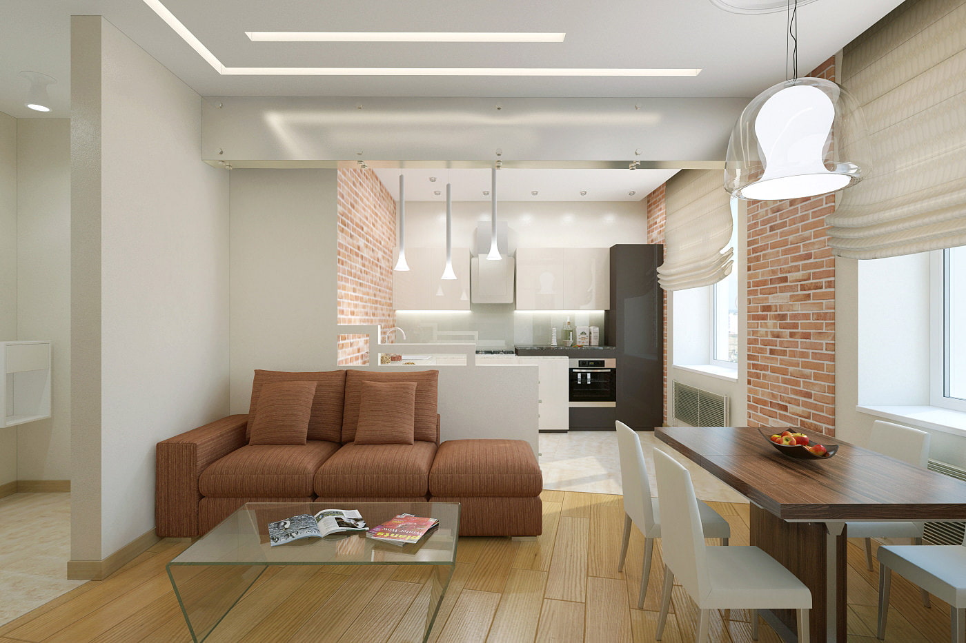 obývací pokoj s kuchyňským koutem ve dvoupokojovém bytě