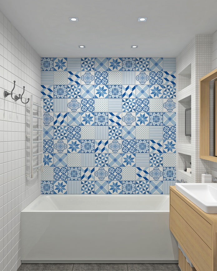 kék csempe, a stílus a patchwork a fürdőszobában
