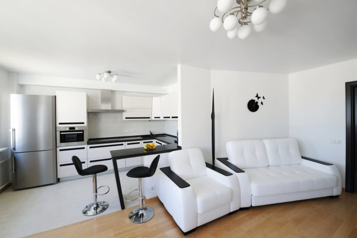 černé a bílé kuchyně-obývací pokoj barový pult
