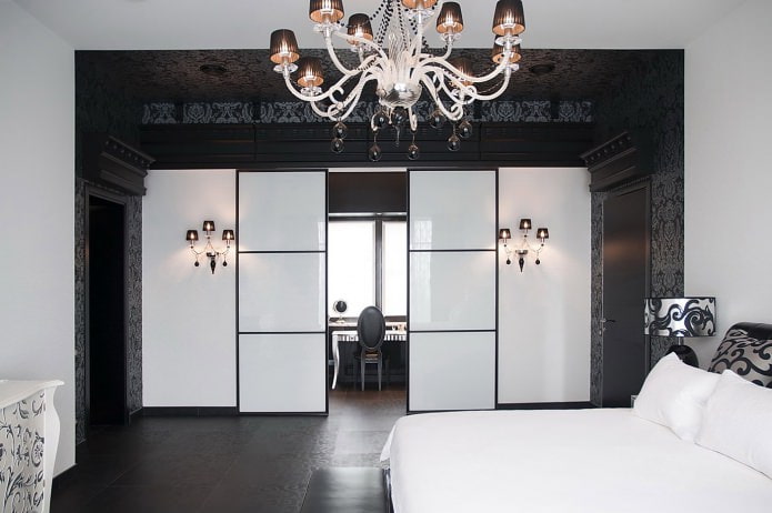 čierna a biela spálňa interiér