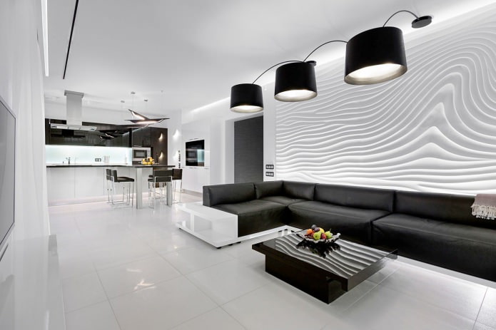 การออกแบบตกแต่งภายในห้องนั่งเล่นห้องครัวสีดำและสีขาว