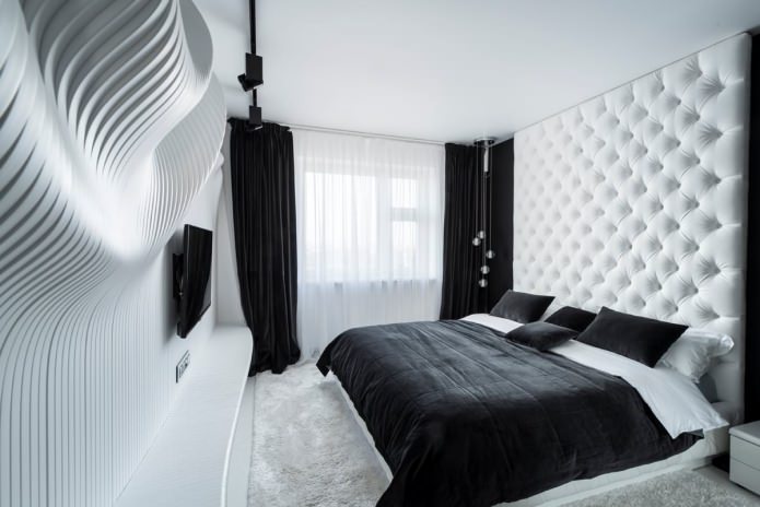 Interior de dormitorio en blanco y negro