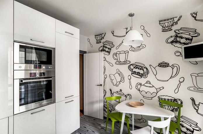 černobílý interiér kuchyně s přidáním zelené