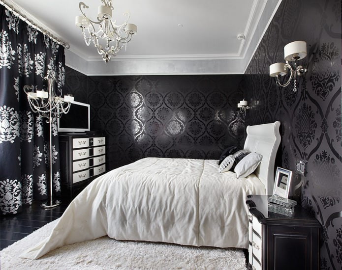 Interior de dormitorio blanco y negro