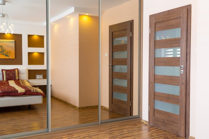 дървена вътрешна врата със стъклени вложки в интериора на спалнята