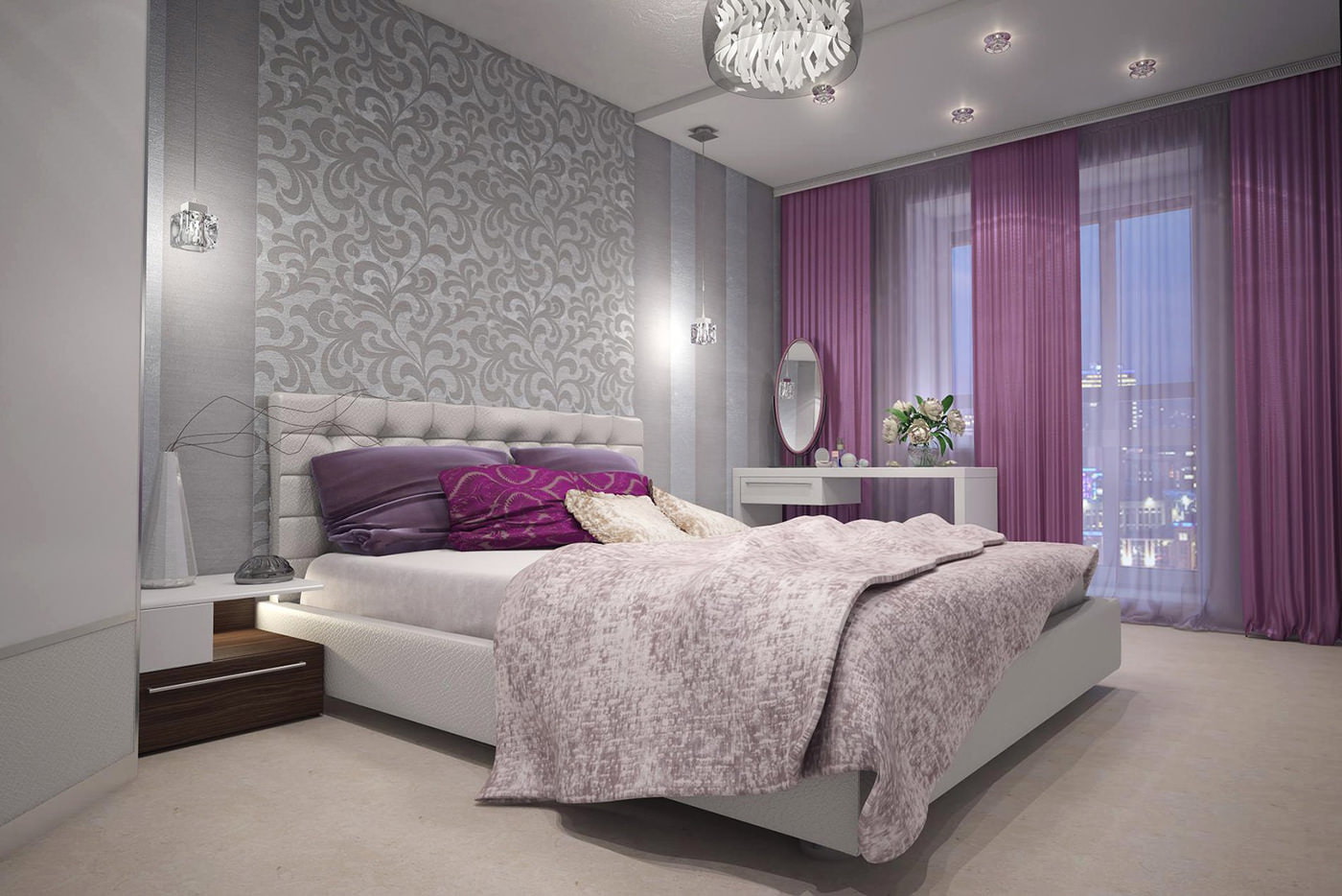 лилави завеси в дизайна на спалнята със сив тапет