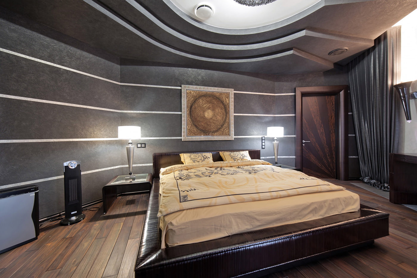 sovrum design med mörkgrå tapet