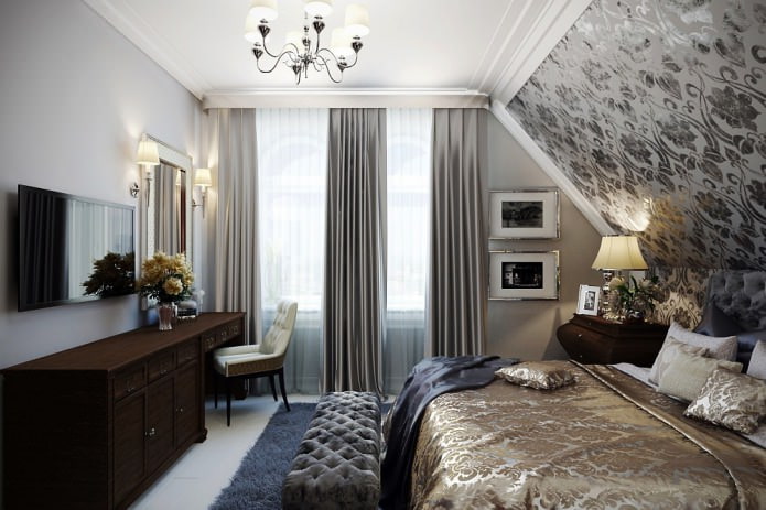 grå og hvite gardiner i utformingen av soverommet med grått tapet
