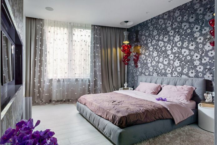 gray wallpaper with flowers in the bedroom