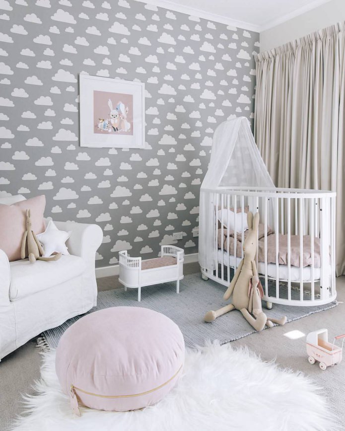 Gray wallpaper with clouds in the nursery