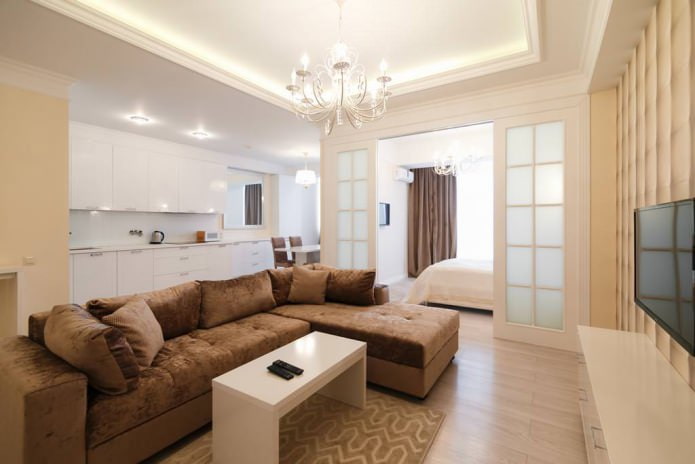 Living room interior in beige tones.