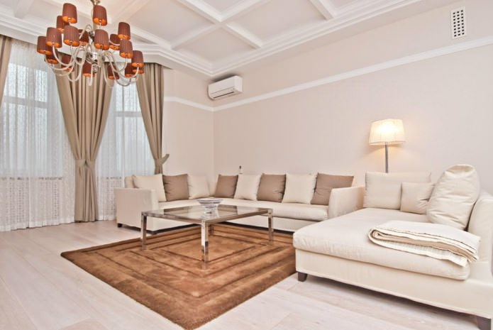 Living room interior in beige tones.