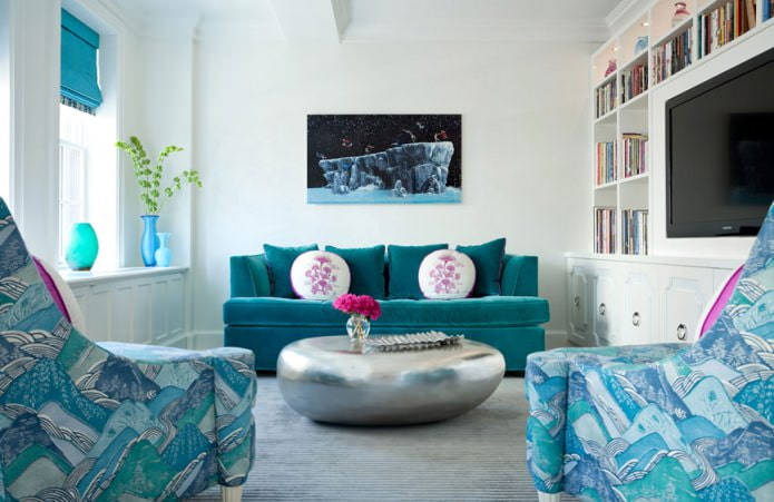 White and blue living room interior