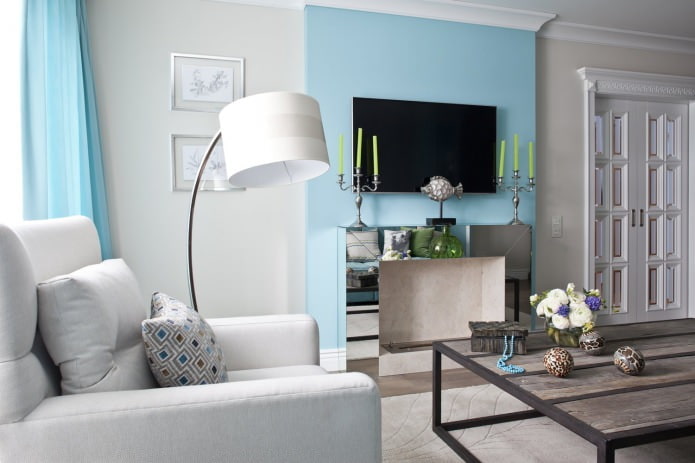 Modrá barva v interiéru obývacího pokoje
