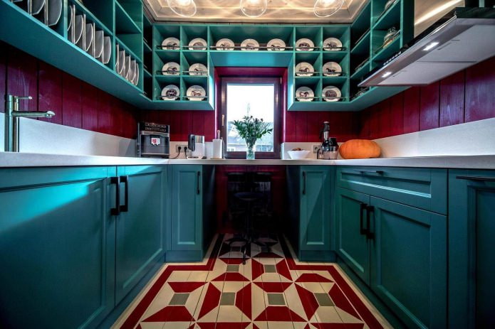 kitchen with a blue U-shaped set