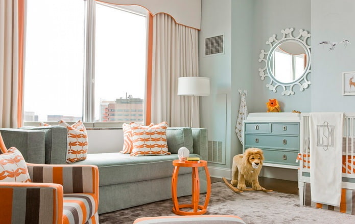 Intérieur de la chambre de bébé orange-bleu dans un style moderne