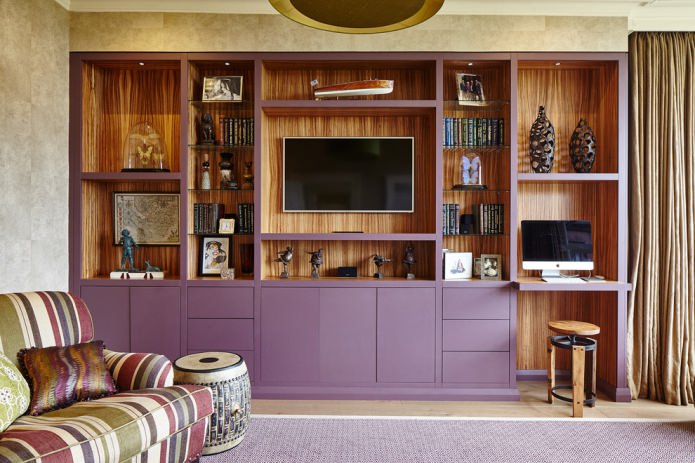 Purple and brown in the living room interior