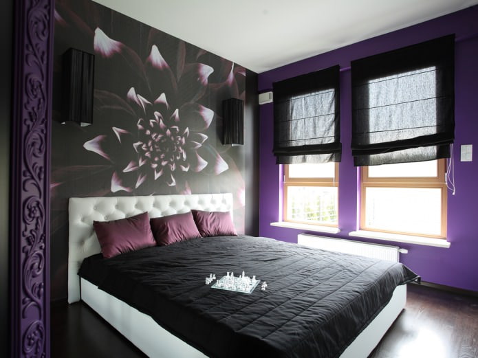 Melns un purpursarkans guļamistabas interjers