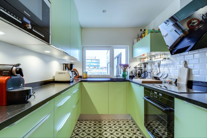 glossy black and green kitchen