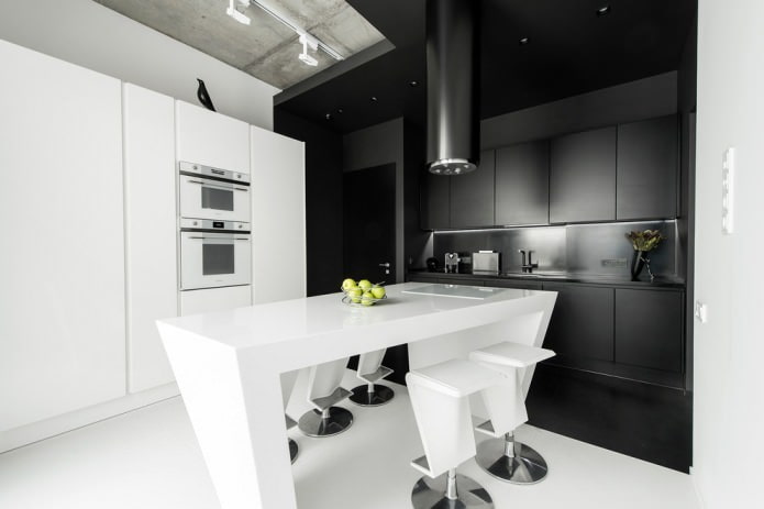 Black countertop and headset with white dining group