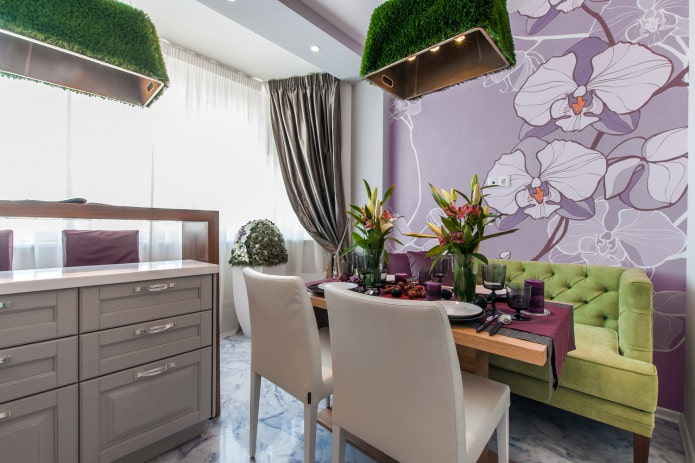 cortinas de color blanco grisáceo y paredes de color lila