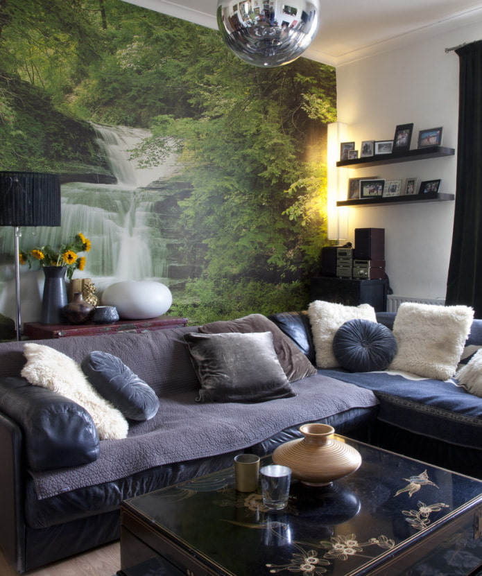image of a waterfall on the wallpaper over the sofa