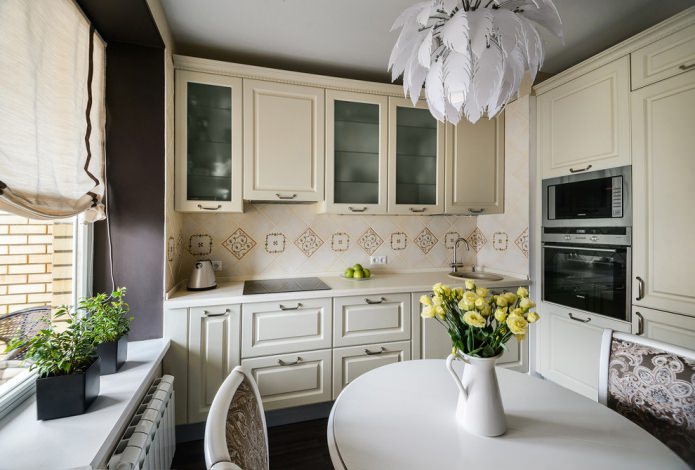 small kitchen with a beige set