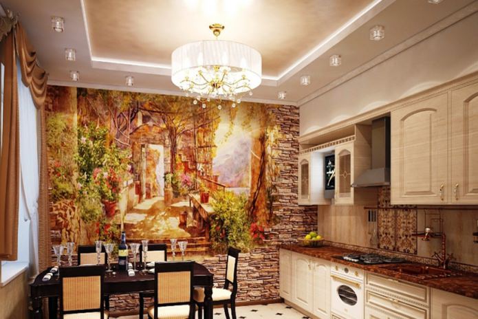 freska ant akmeninės virtuvės sienos akcento