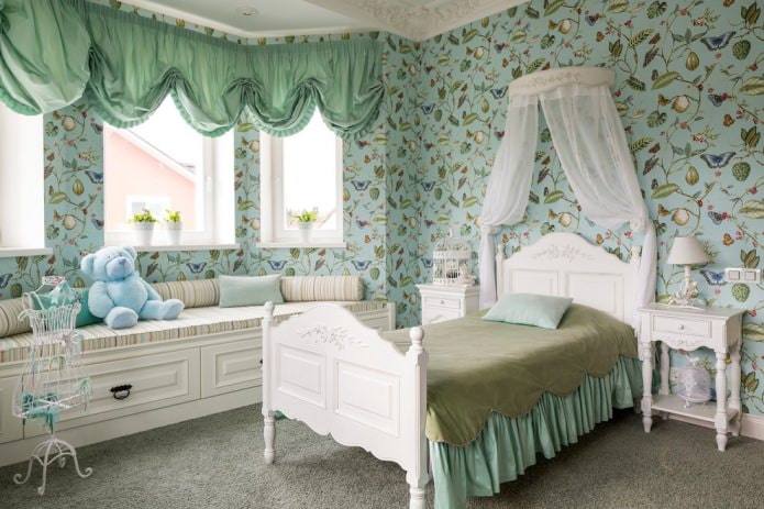 classic mint nursery interior with Austrian curtains
